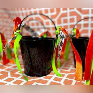 “Jack-O-Lantern” 5 Black Favor Pails Colorful Halloween Ribbon Accents EPC